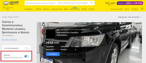 print da tela do Mercado Livre carros, mostrando a opção com vistoria