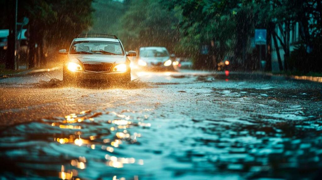 chuva em uma rua urbana, onde um carro está enfrentando condições adversas de alagamento