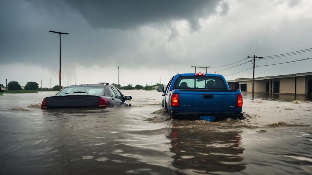 um carro sedan está quase totalmente submerso, enquanto uma caminhonete azul cruza o trecho de água.