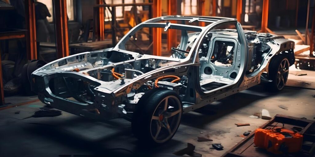 mostra o chassi de um carro em uma oficina, evidenciando uma fase avançada de desmontagem ou restauração após um acidente. O chassi exposto permite uma visualização clara da longarina,