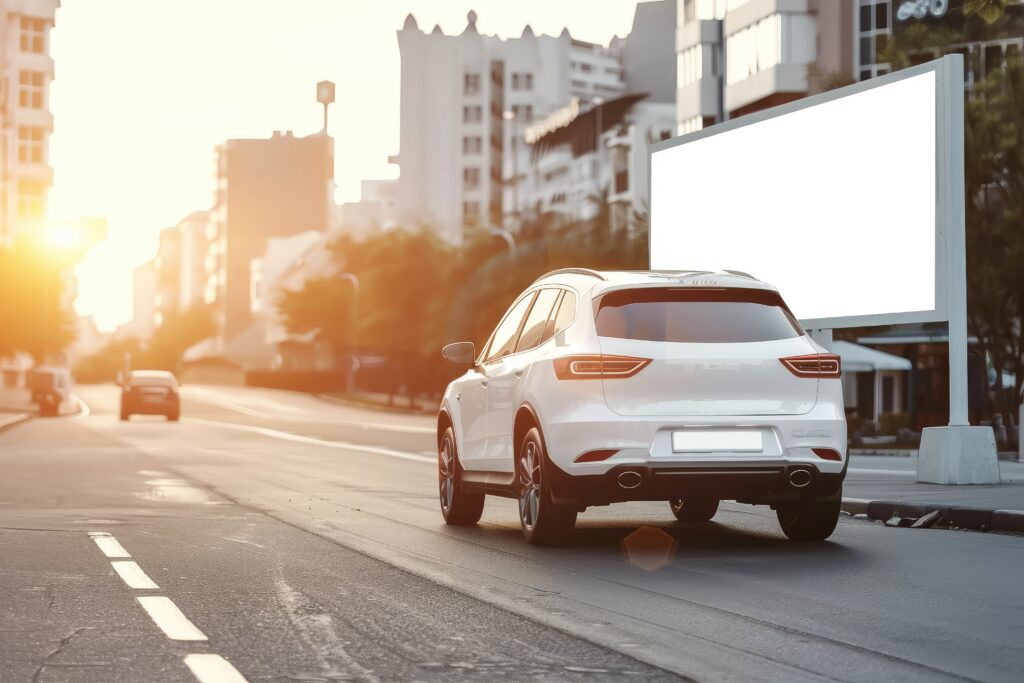 um carro branco dirigindo em uma rua urbana ao entardecer. O veículo é um SUV moderno e usado