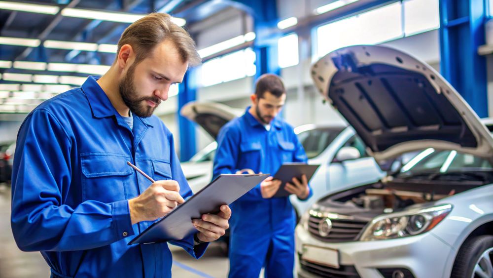 Homens de macacão em oficina mecânica avaliando carros.