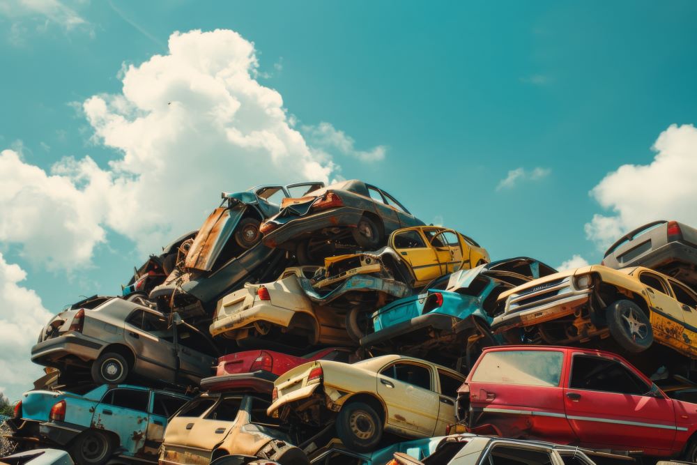 Pilha de carros batidos e amassados no ferro-velho.